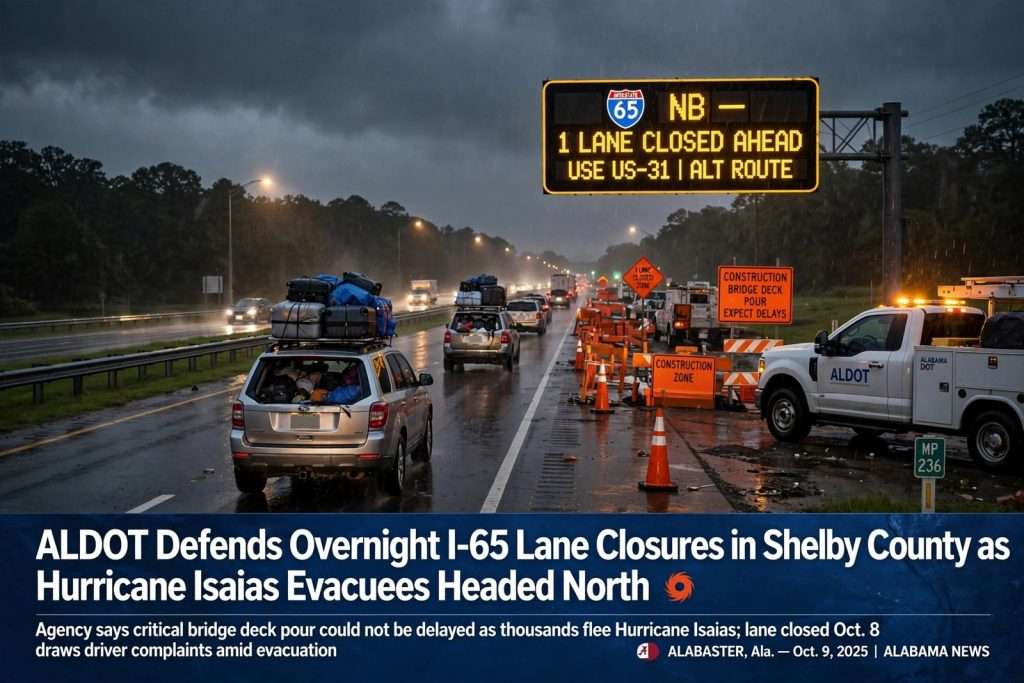 Illustration for the news story: ALDOT Defends Overnight I-65 Lane Closures in Shelby County as Hurricane Isaias Evacuees Headed North