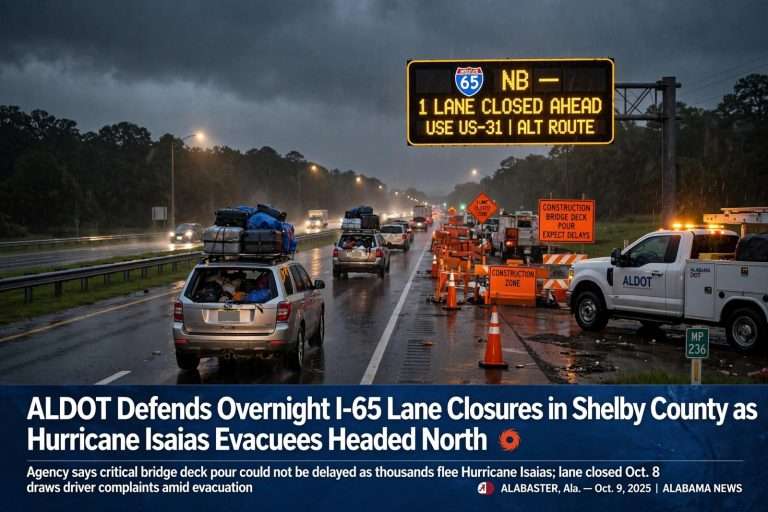 Illustration for the news story: ALDOT Defends Overnight I-65 Lane Closures in Shelby County as Hurricane Isaias Evacuees Headed North