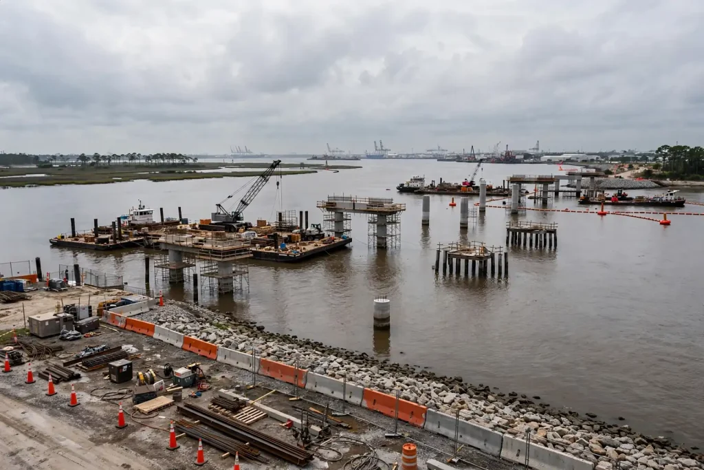Interstate highway bridge over a river with cargo cranes and a city skyline in the background