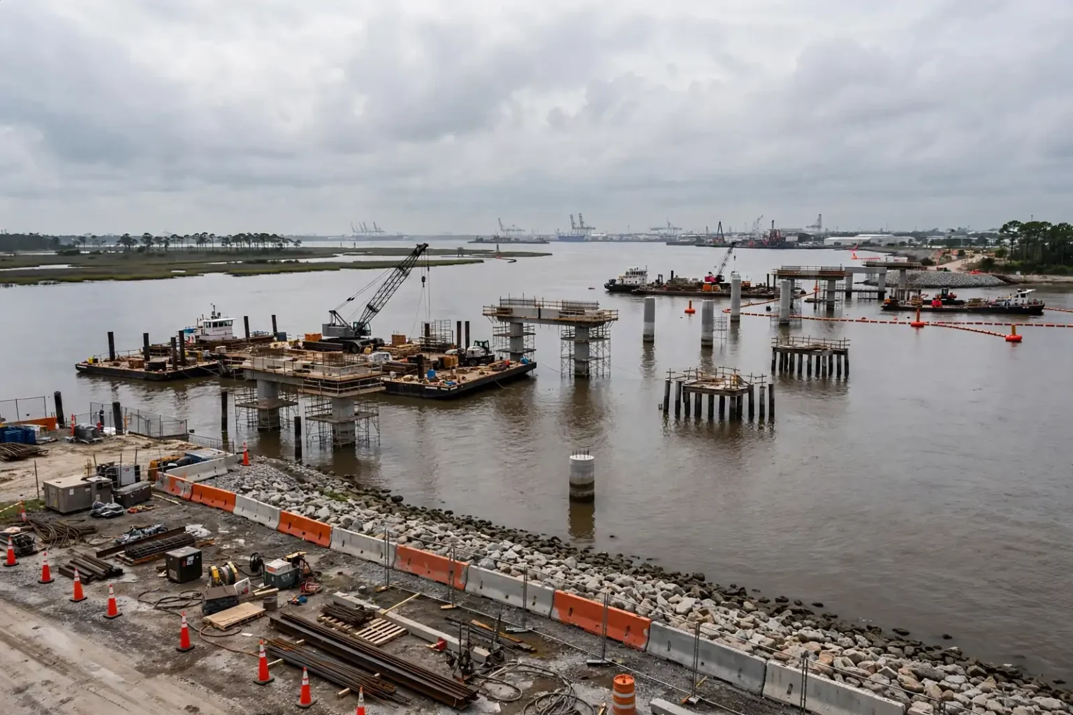 Interstate highway bridge over a river with cargo cranes and a city skyline in the background