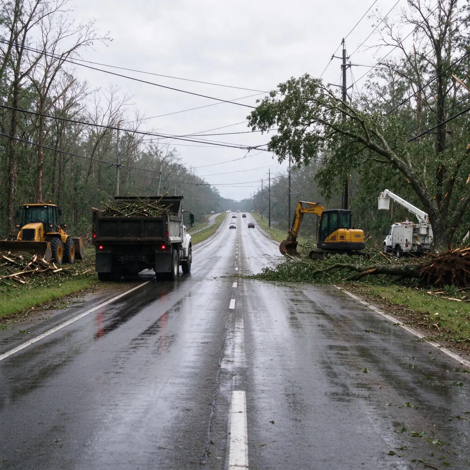 Road crew workers in orange safety vests use chain saws and a loader to clear fallen pine trees from a two-lane Alabama highway after a hurricane