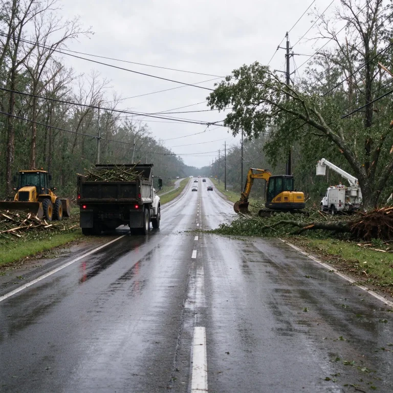 Road crew workers in orange safety vests use chain saws and a loader to clear fallen pine trees from a two-lane Alabama highway after a hurricane