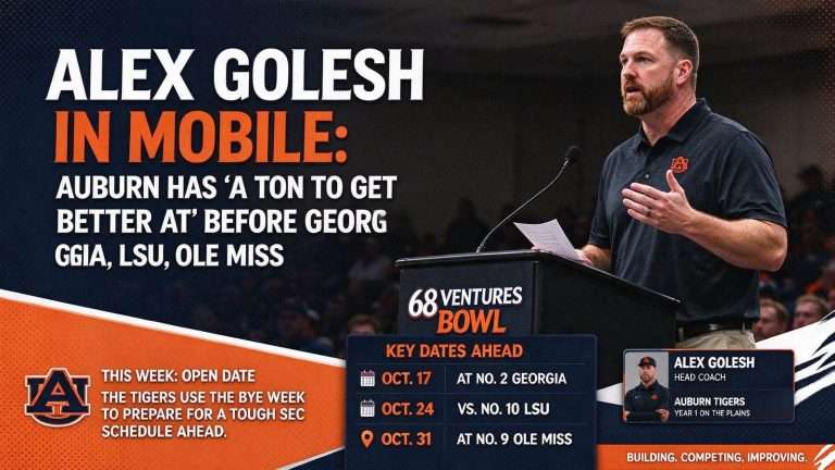 Illustration for the news story: Alex Golesh in Mobile: Auburn Has ‘a Ton to Get Better At’ Before Georgia, LSU, Ole Miss
