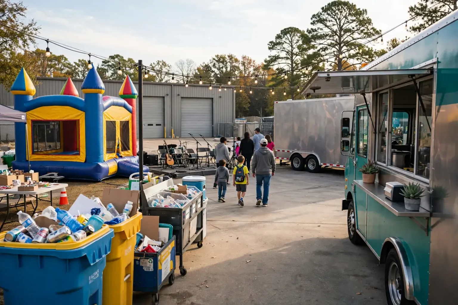 Illustration of families at an outdoor community event with recycling bins, a bounce house and a food truck, representing Baldwin County’s America Recycles Day
