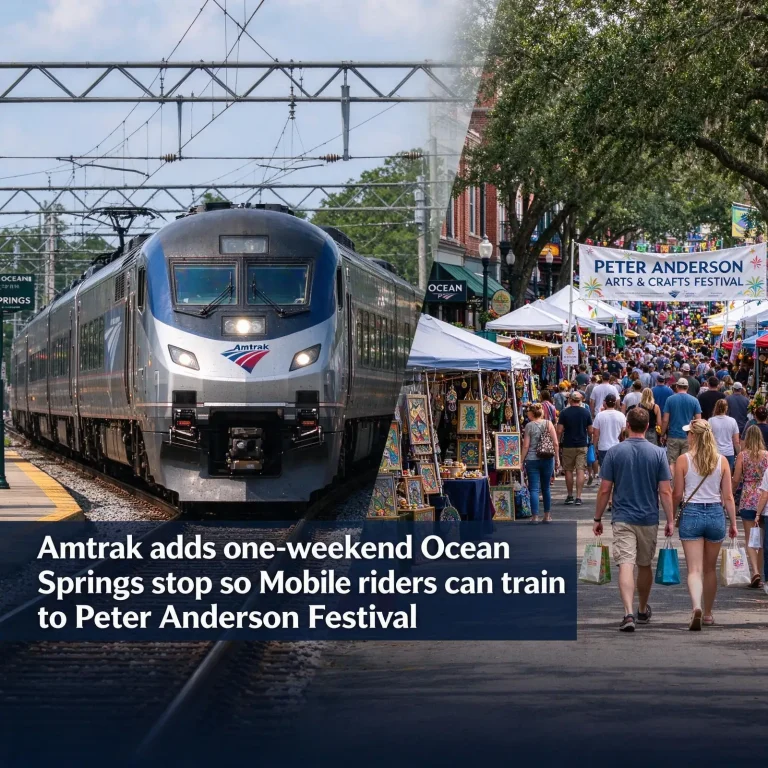 A silver passenger train stopped at a small platform beside a tree-lined historic downtown with festival tents in the distance