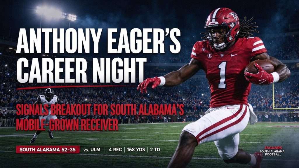 Illustration for the news story: Anthony Eager’s Career Night Signals Breakout for South Alabama’s Mobile-Grown Receiver