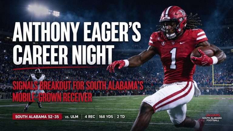 Illustration for the news story: Anthony Eager’s Career Night Signals Breakout for South Alabama’s Mobile-Grown Receiver