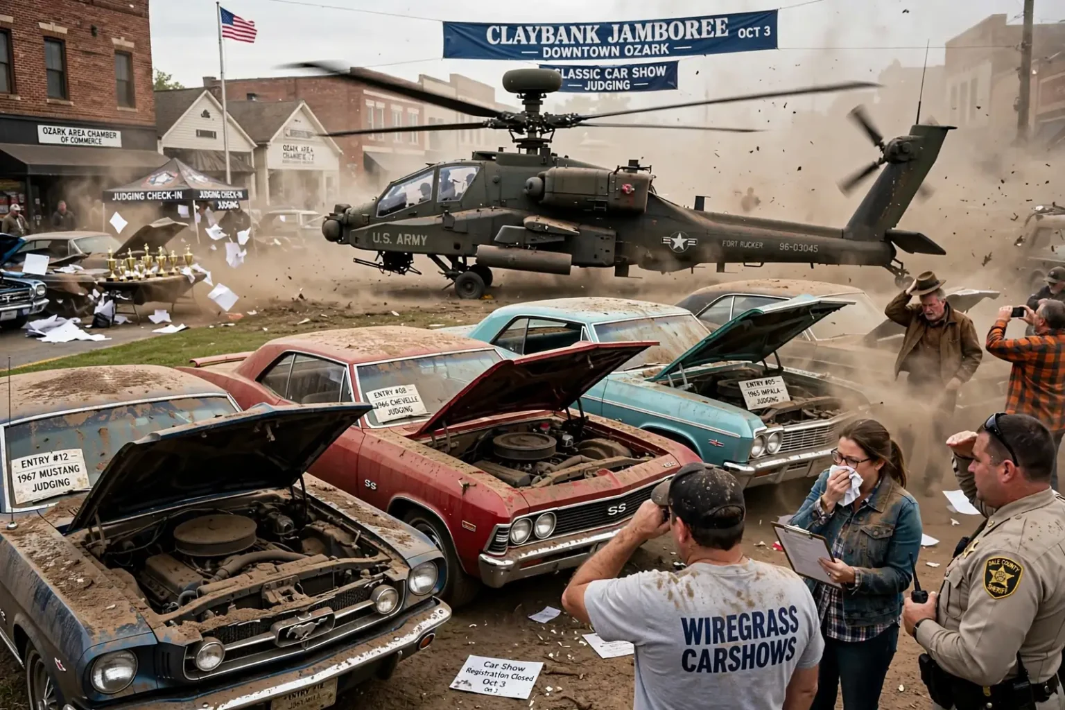Army AH-64 Apache helicopter landing on a grassy field as dust blows toward rows of classic cars with hoods raised