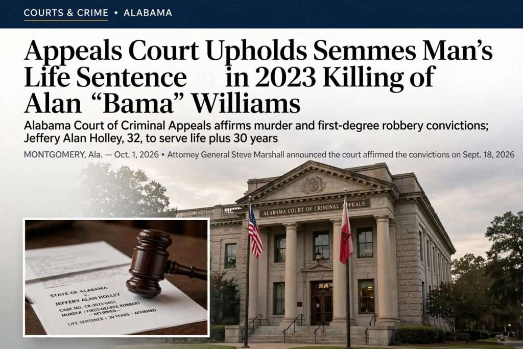 Illustration for the news story: Appeals Court Upholds Semmes Man’s Life Sentence in 2023 Killing of Alan ‘Bama’ Williams