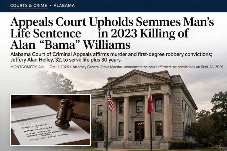 Illustration for the news story: Appeals Court Upholds Semmes Man’s Life Sentence in 2023 Killing of Alan ‘Bama’ Williams