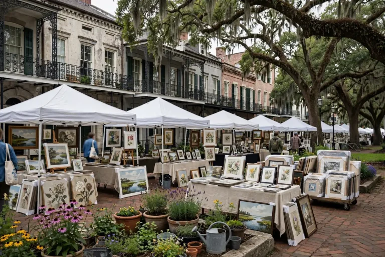 Artists' booths and shoppers in a historic downtown square displaying paintings, prints and mixed-media works at an outdoor art market.