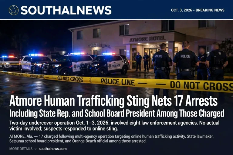 Police SUVs with flashing lights and officers outside a hotel at night, with headline on Atmore human trafficking sting