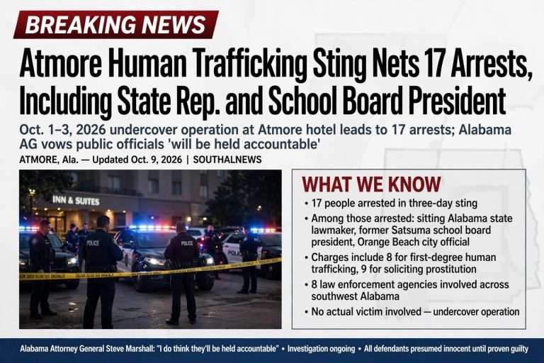 Illustration for the news story: Atmore Human Trafficking Sting Nets 17 Arrests, Including State Rep. and School Board President