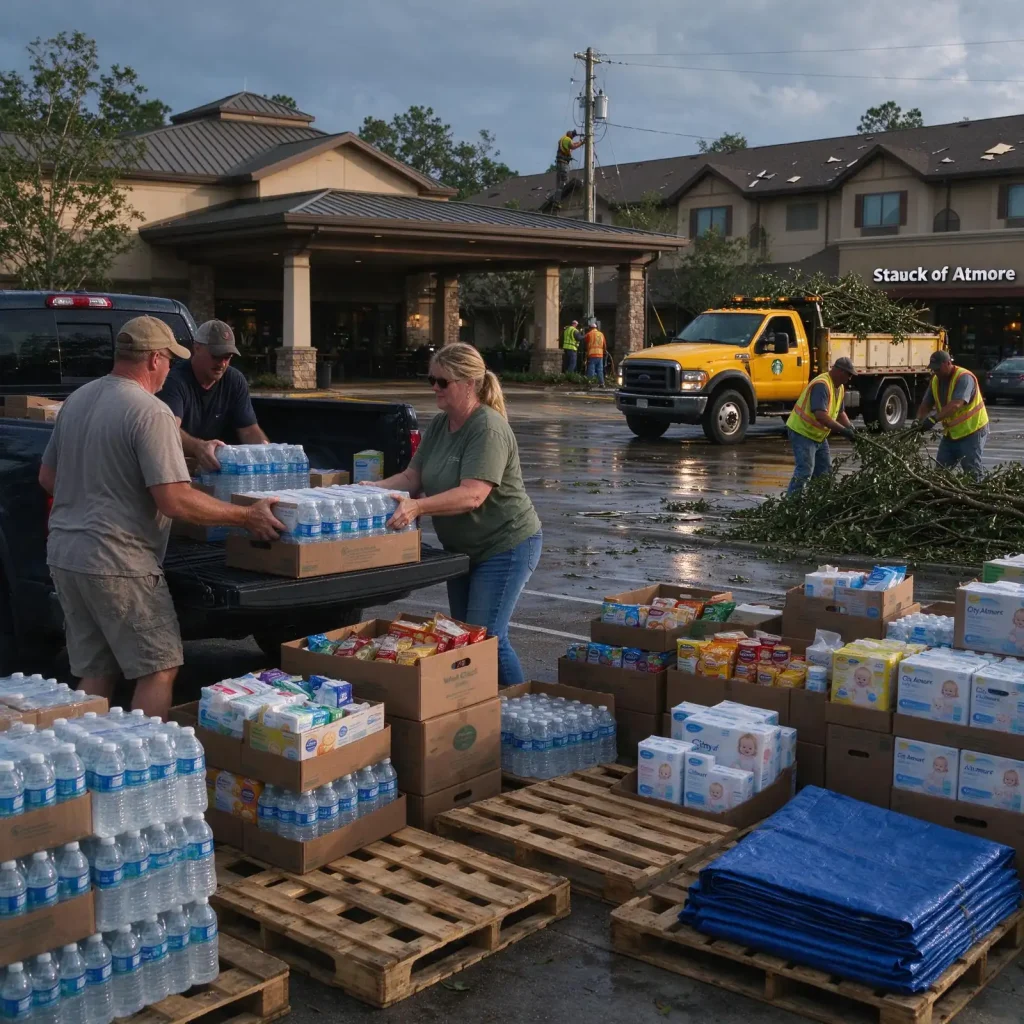Cases of bottled water, tarps and cleaning supplies stacked at a parking lot donation site, with storm debris of tree limbs piled at a roadside curb