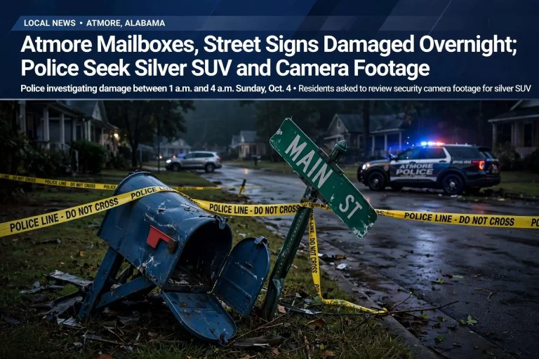 Knocked-over mailbox and bent street sign behind police tape on a residential street, with a police SUV in the background