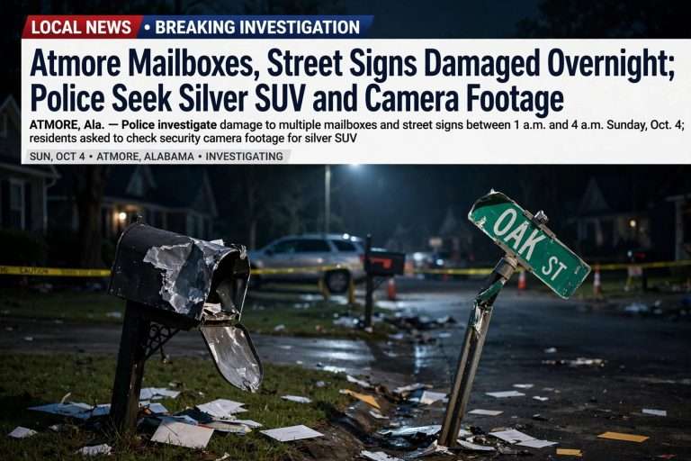 Illustration for the news story: Atmore Mailboxes, Street Signs Damaged Overnight; Police Seek Silver SUV and Camera Footage