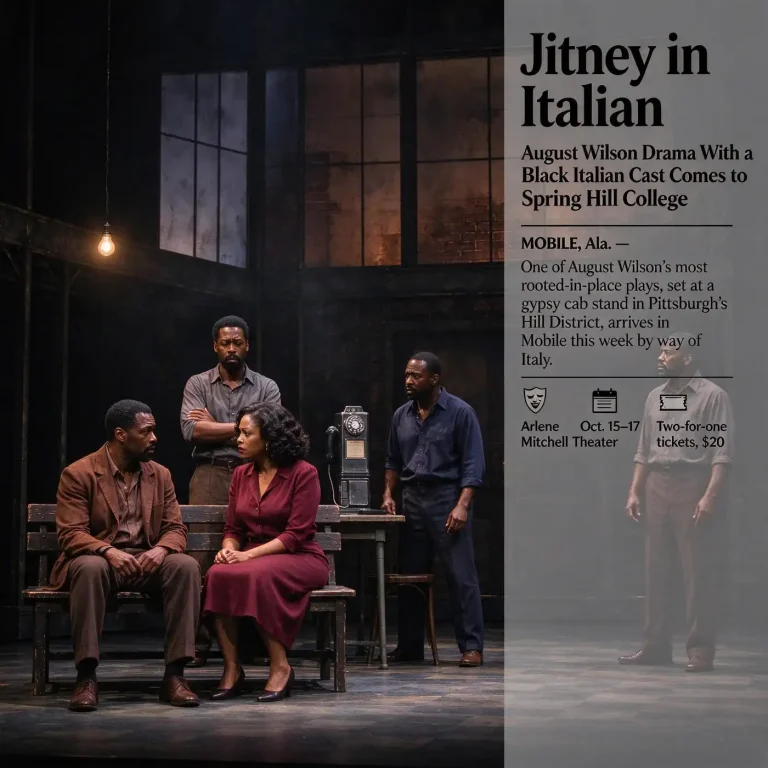 Actors perform on a minimalist stage set with English supertitles projected above them