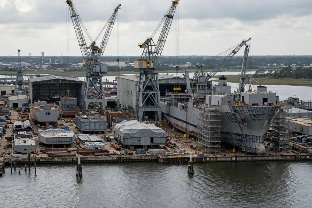 Austal USA shipyard buildings and a vessel along the Mobile River in Mobile, Alabama