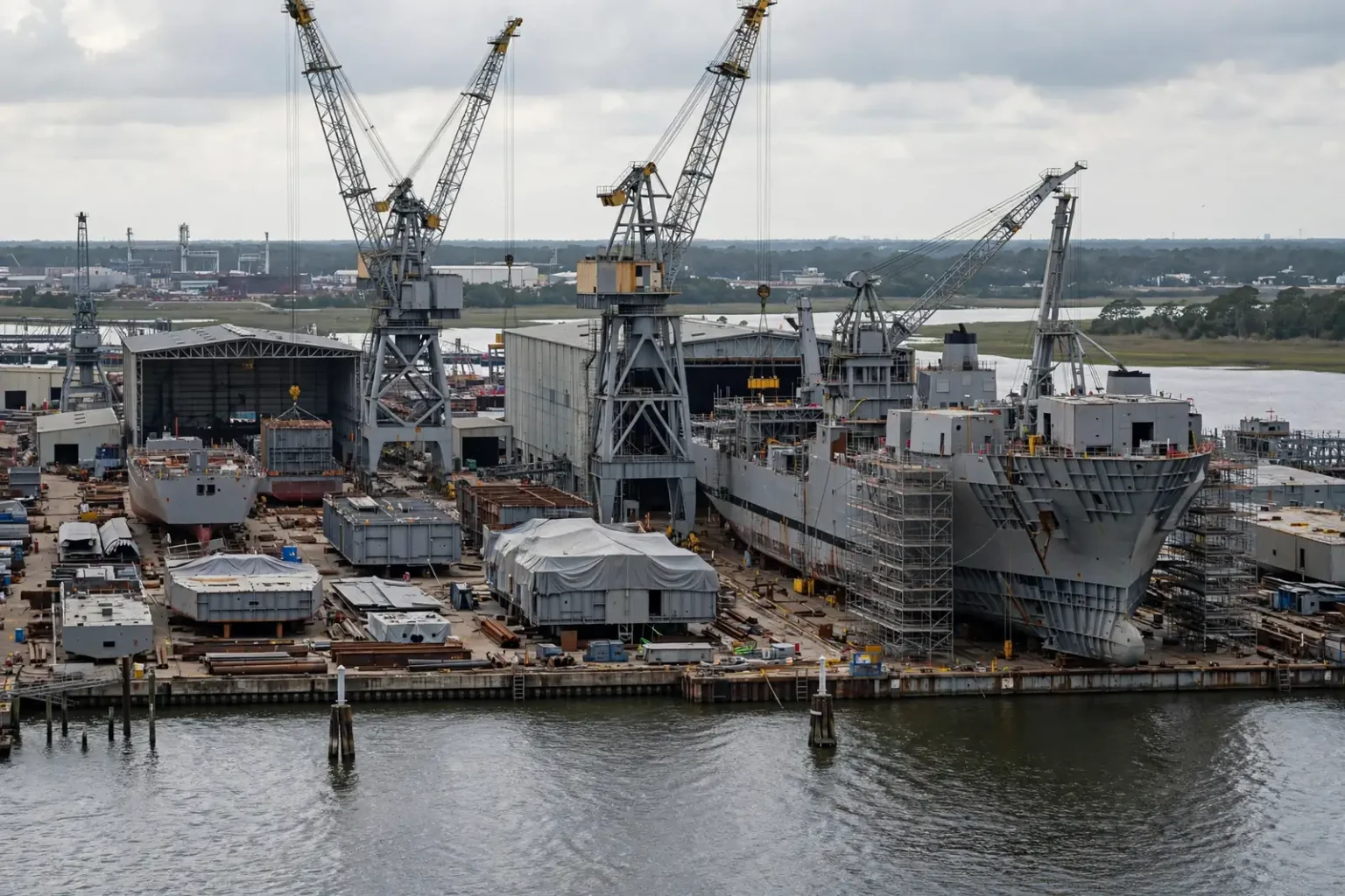 Austal USA shipyard buildings and a vessel along the Mobile River in Mobile, Alabama
