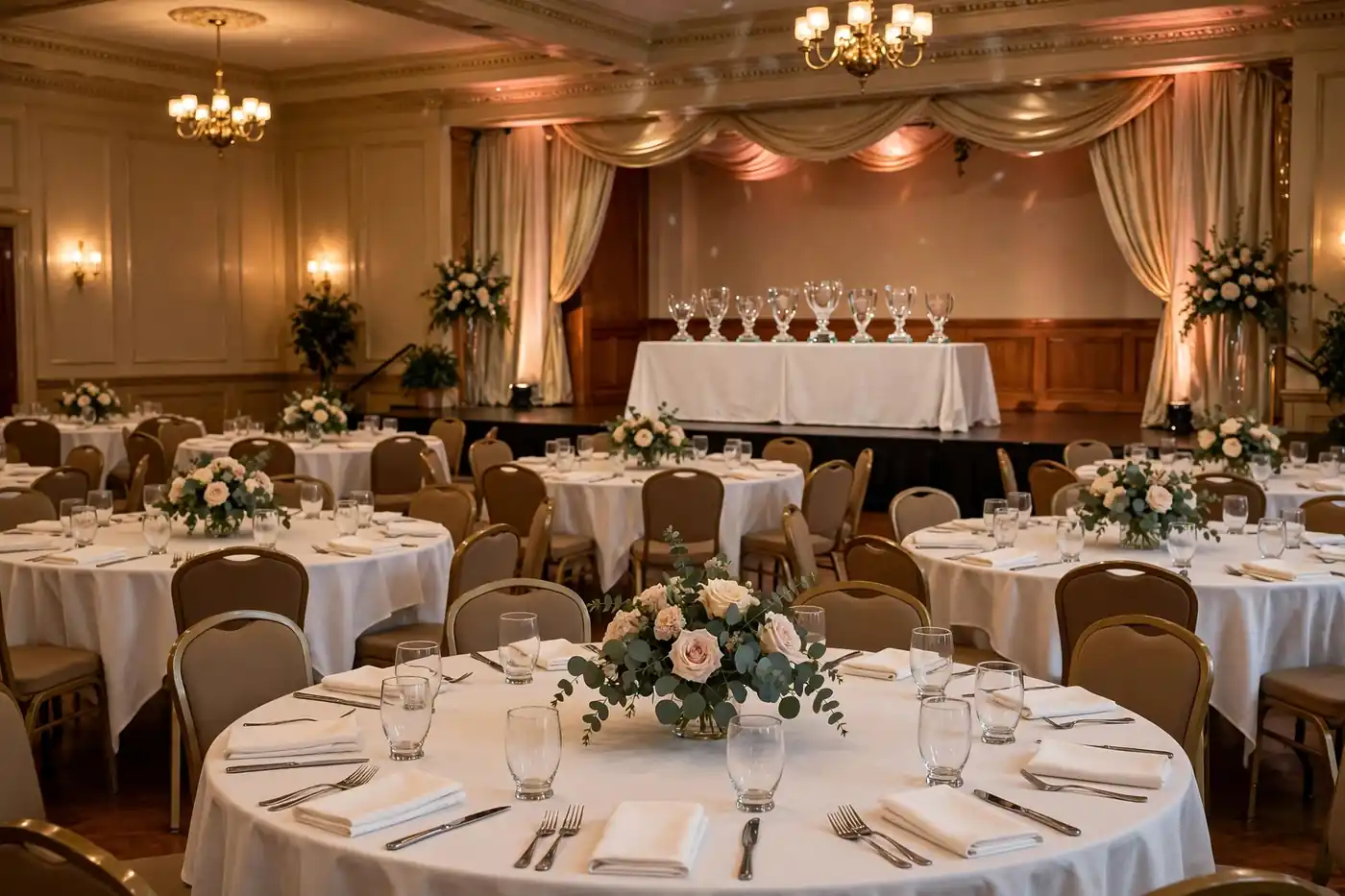 Banquet hall with round dinner tables and glass award trophies lined up on a table near a stage