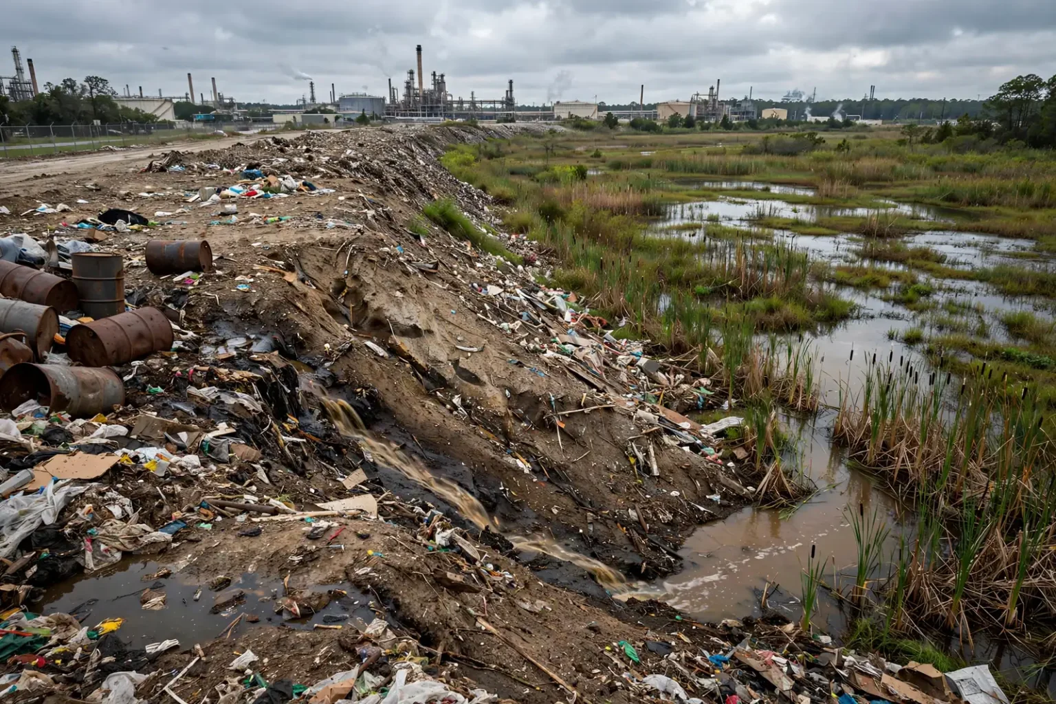 Industrial landfill with graded earthen cells, a stormwater containment pond and wetlands at the edge of the site in north Mobile County