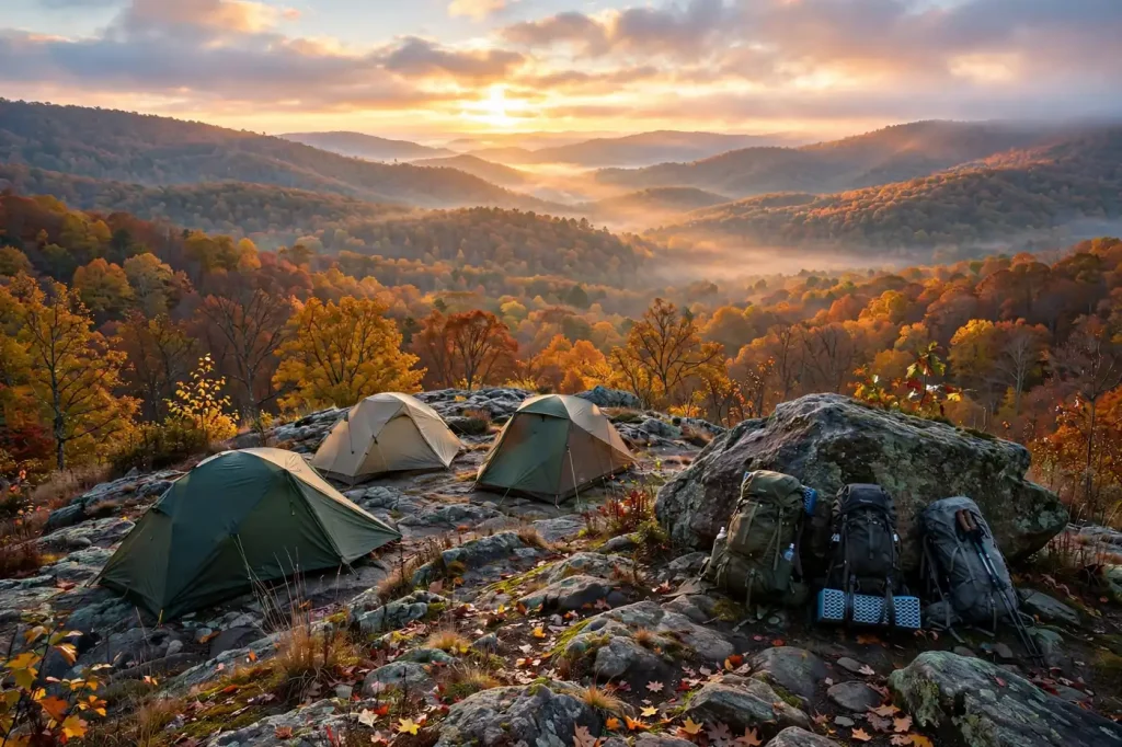 Small tents and hiking backpacks on a rocky ridge above autumn forest at sunrise