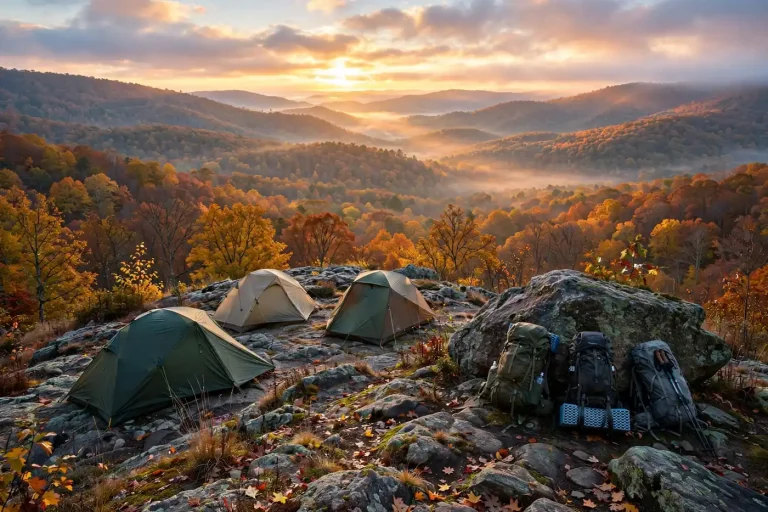 Small tents and hiking backpacks on a rocky ridge above autumn forest at sunrise