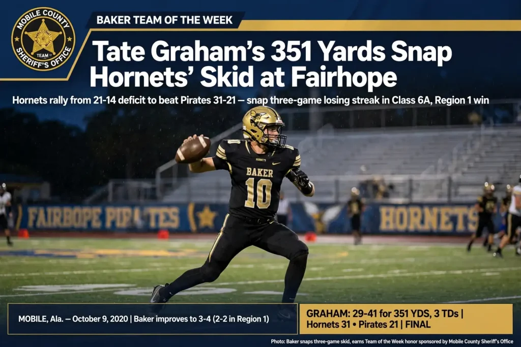 High school football quarterback throwing a pass during a night game under stadium lights