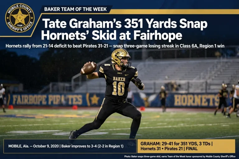 High school football quarterback throwing a pass during a night game under stadium lights