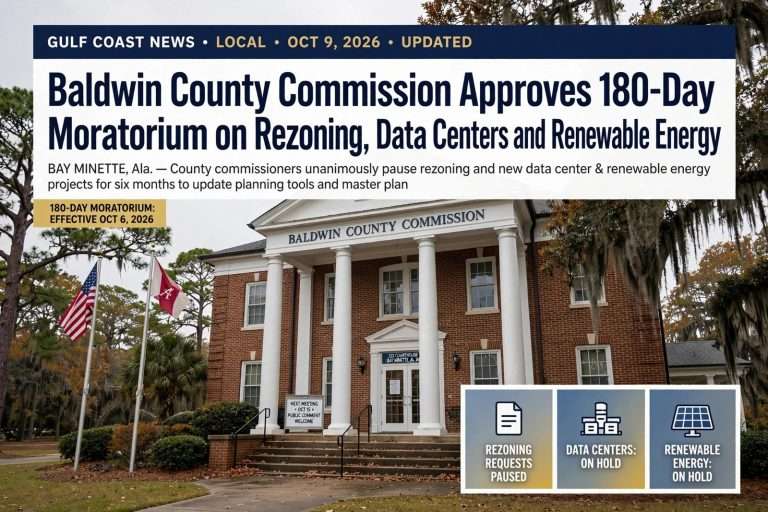 Illustration for the news story: Baldwin County Commission Approves 180-Day Moratorium on Rezoning, Data Centers and Renewable Energy