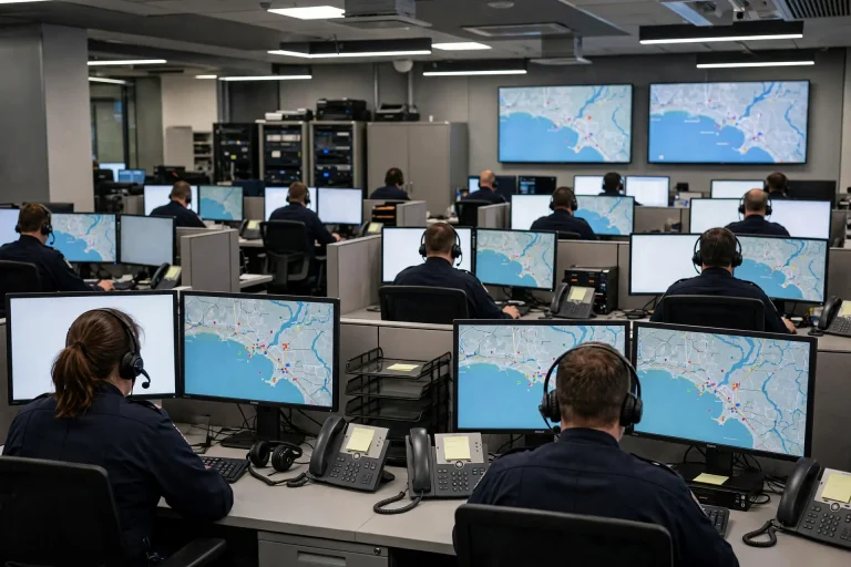Emergency dispatchers wearing headsets seated at consoles with multiple computer monitors in a 911 center