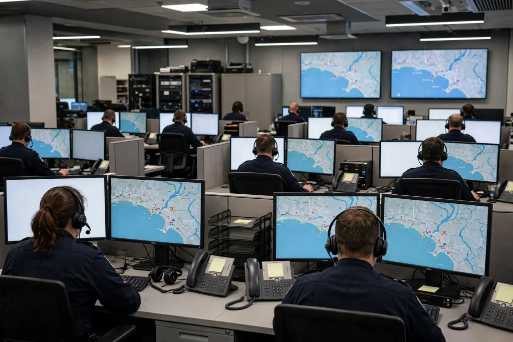 Emergency dispatchers wearing headsets seated at consoles with multiple computer monitors in a 911 center