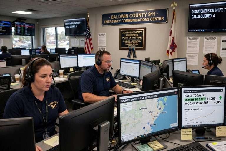 Illustration for the news story: Baldwin County 911 Call Volume Climbs to 11,000 a Month as Population Booms