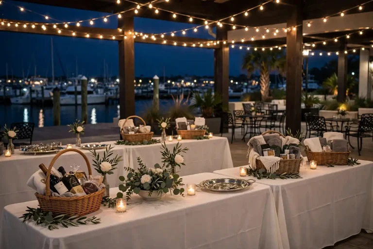 Elegant gala tables set with candles and string lights at a waterfront venue in the evening