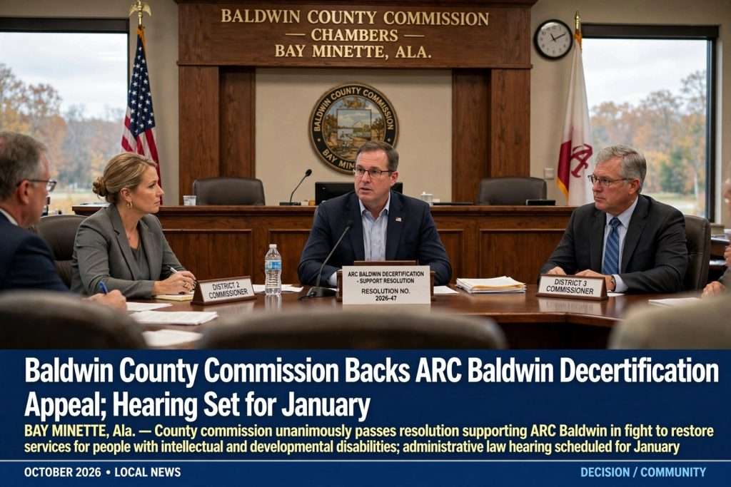 Illustration for the news story: Baldwin County Commission Backs ARC Baldwin Decertification Appeal; Hearing Set for January