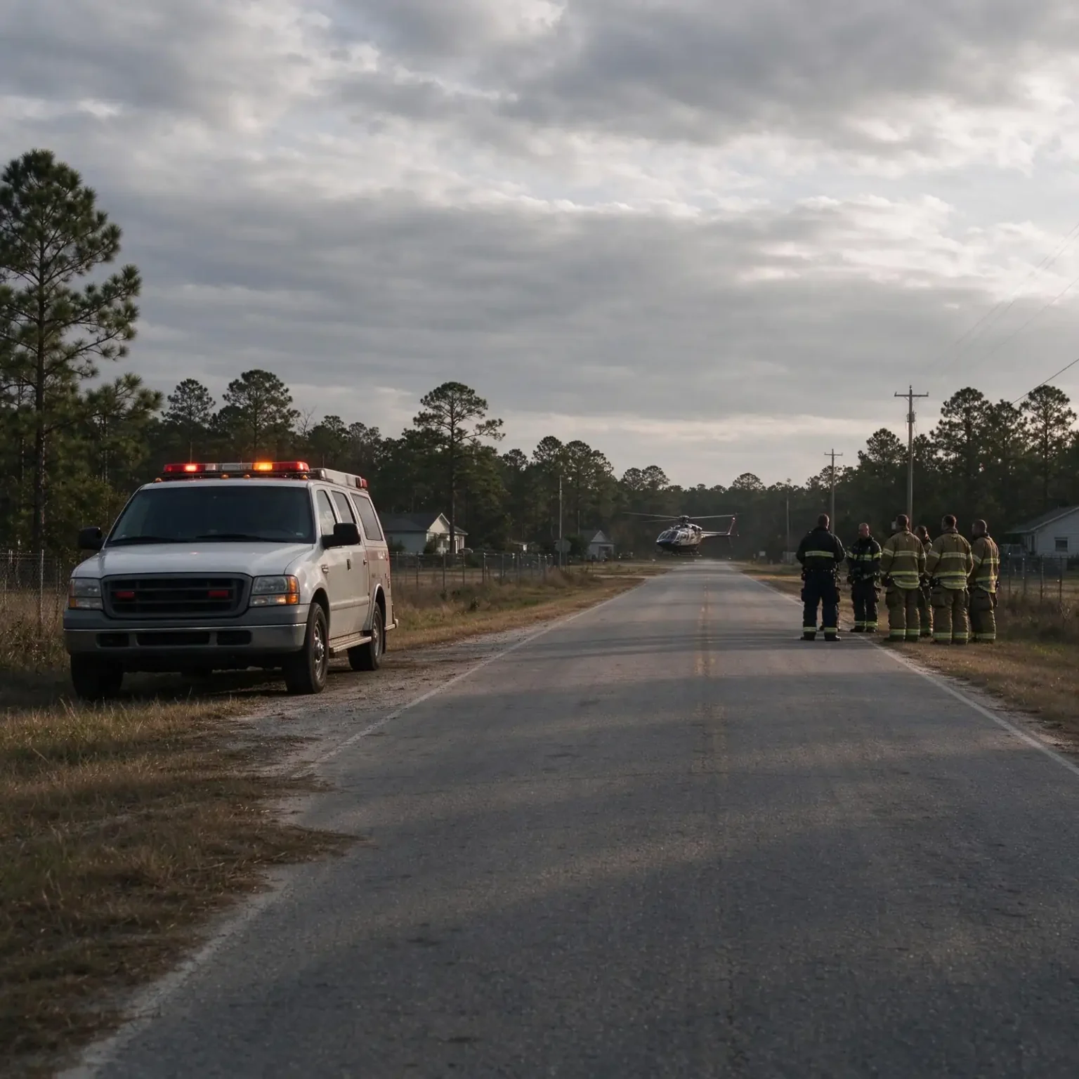 Two-lane rural road lined with pine trees under an overcast sky in Baldwin County, where deputies are investigating two deaths
