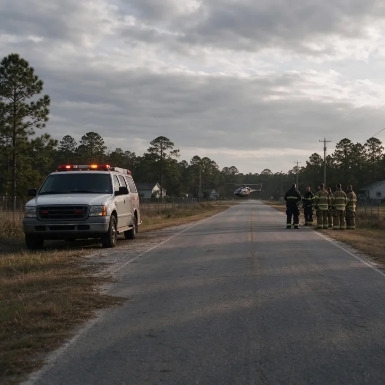 Two-lane rural road lined with pine trees under an overcast sky in Baldwin County, where deputies are investigating two deaths