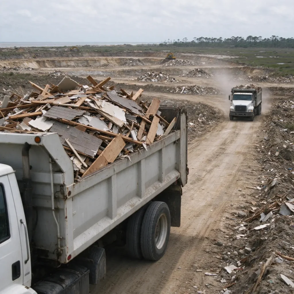Piles of Isaias debris including broken lumber and roofing at a landfill debris field