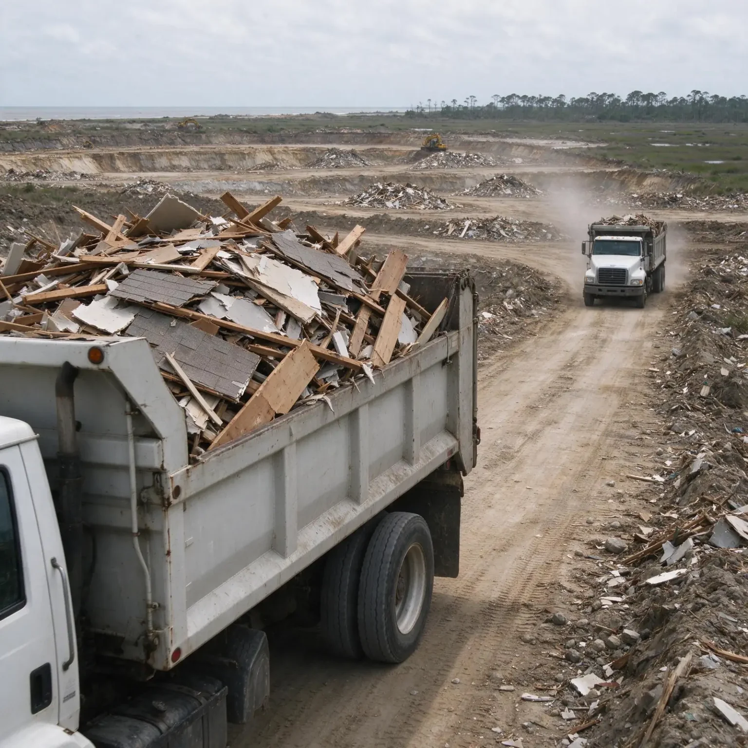 Piles of Isaias debris including broken lumber and roofing at a landfill debris field