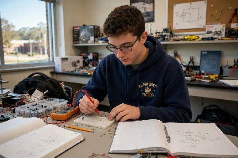 A high school student works on a circuit board and computer hardware at a classroom workbench