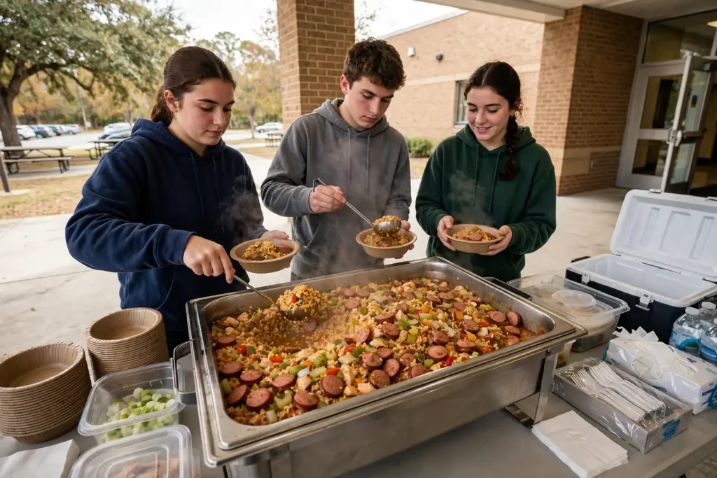 Bowls of chicken and sausage jambalaya over rice lined up on a serving table