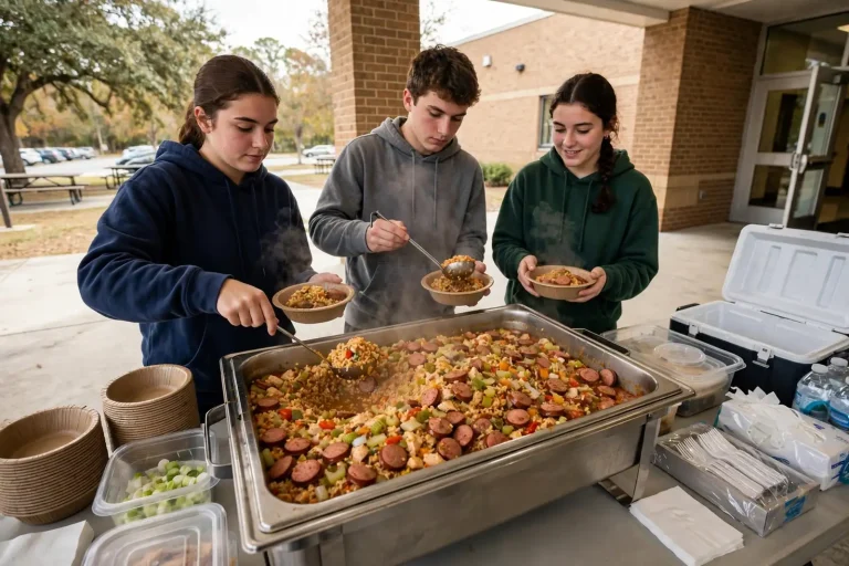 Bowls of chicken and sausage jambalaya over rice lined up on a serving table