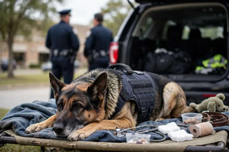 A German shepherd police dog sitting beside its handler near a patrol vehicle