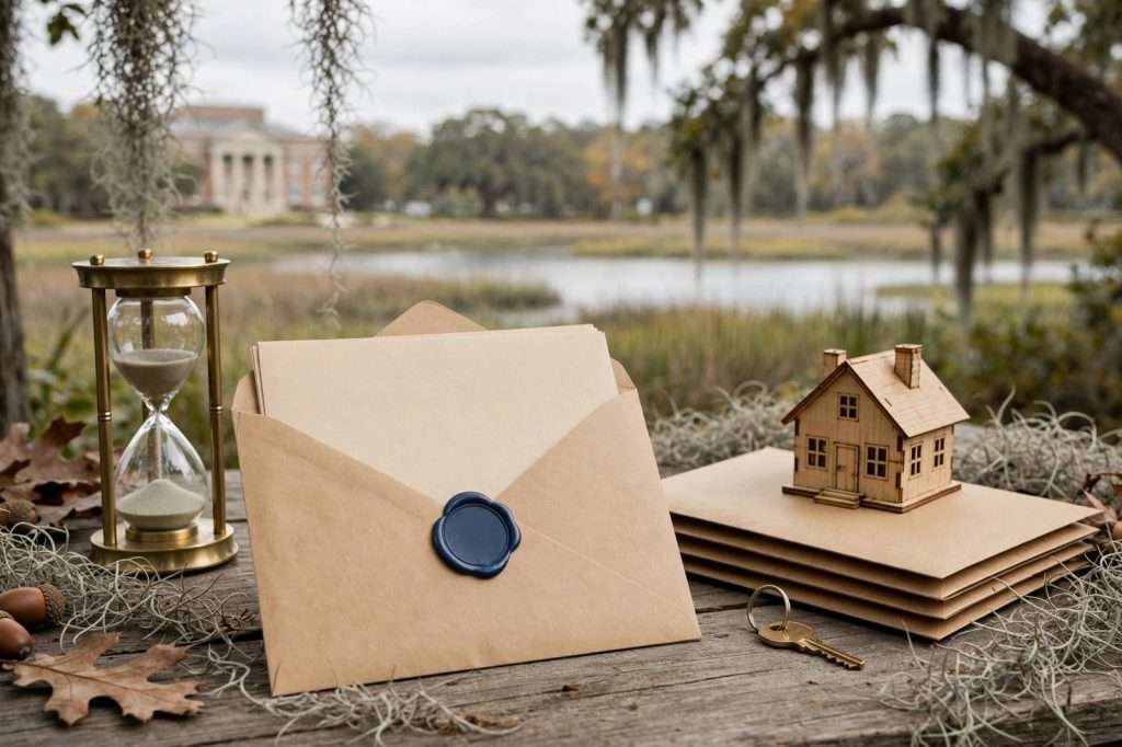 Envelope marked as a property tax notice sitting in an open residential mailbox