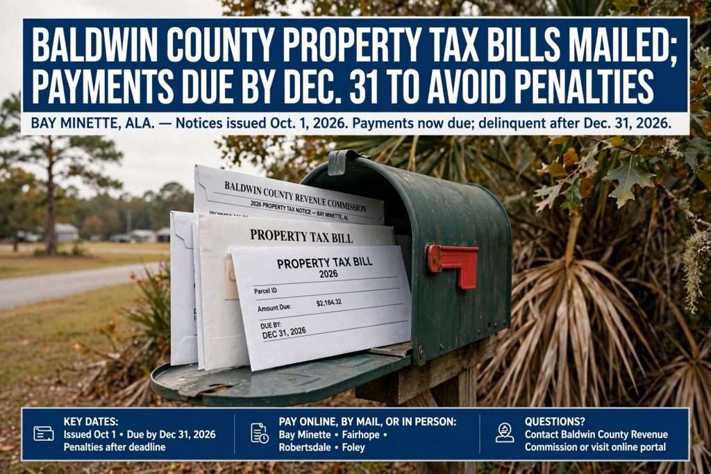 Illustration for the news story: Baldwin County Property Tax Bills Mailed; Payments Due by Dec. 31 to Avoid Penalties