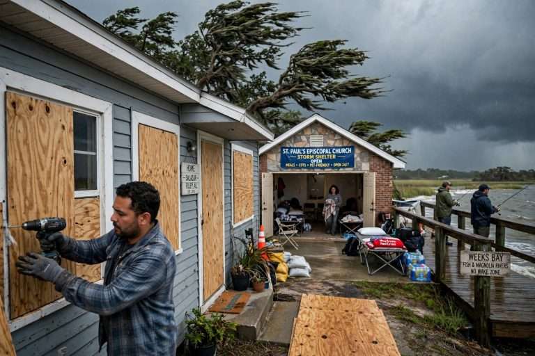 Illustration for the news story: Plywood, Prayers and a Last Cast: Baldwin County Residents Brace as Hurricane Isaias Closes In