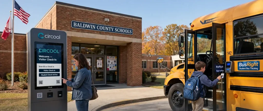 A parent checking in at a school front office visitor kiosk while students board a yellow school bus outside
