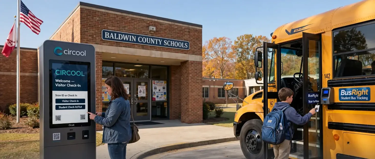 A parent checking in at a school front office visitor kiosk while students board a yellow school bus outside