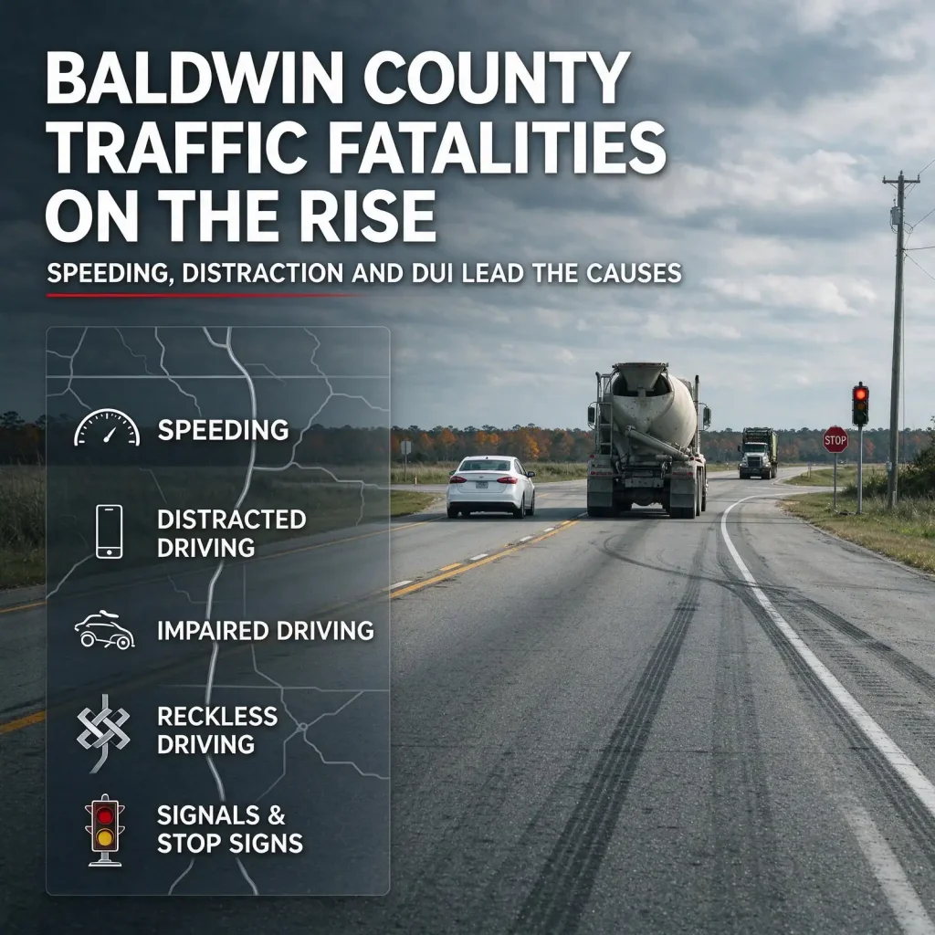 Cement truck and car on a two-lane rural highway beside a list of crash causes: speeding, distracted driving, impaired driving, reckless driving, signals and stop signs