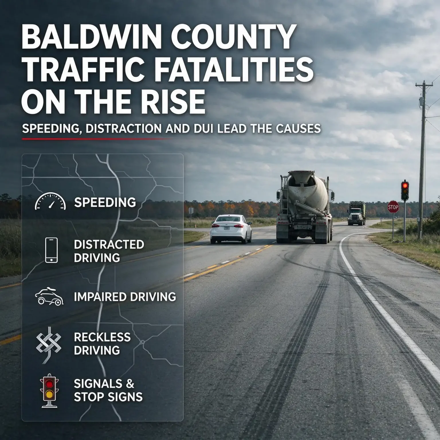 Cement truck and car on a two-lane rural highway beside a list of crash causes: speeding, distracted driving, impaired driving, reckless driving, signals and stop signs